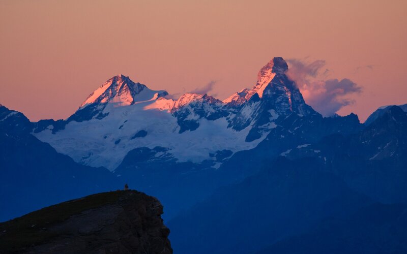 Snow-capped Mountains — Pink, Serene, Sunset, Photograph, Mountain Peak