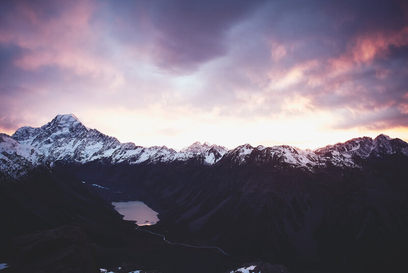 Snow-capped Mountains — Purple, Dramatic, Sunset, Photograph, Lake, Clouds, River