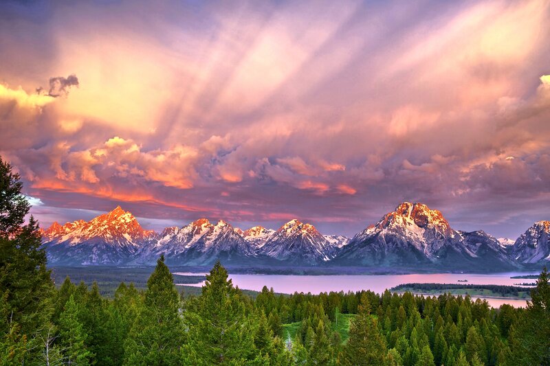 Snow-capped Mountains — Purple, Dramatic, Sunset, Photograph, Lake, Forest