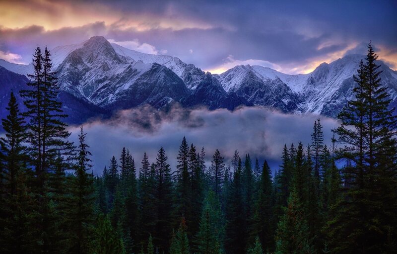 Snow-capped Mountains — Purple, Dramatic, Sunset, Photograph, Pine Trees