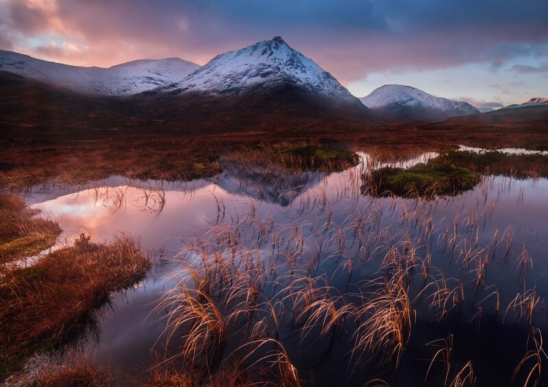 Snow-capped Mountains — Purple, Dramatic, Sunset, Photograph, Pond