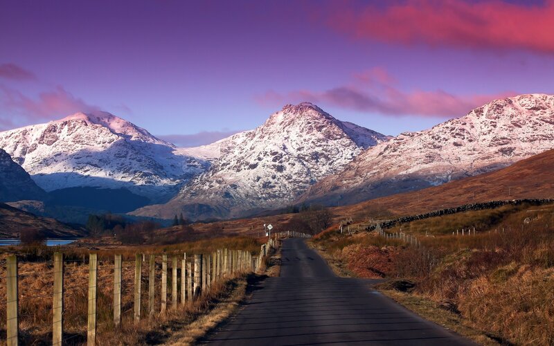 Snow-capped Mountains — Purple, Dramatic, Sunset, Photograph, Road