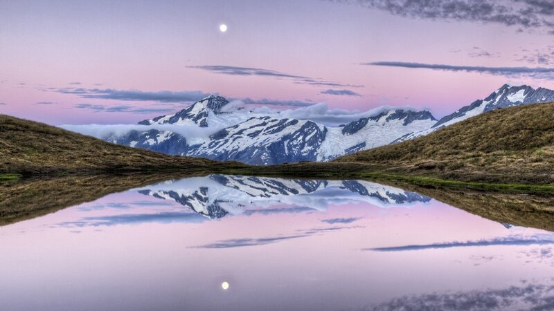 Snow-capped Mountains — Purple, Serene, Night, Photograph, Lake