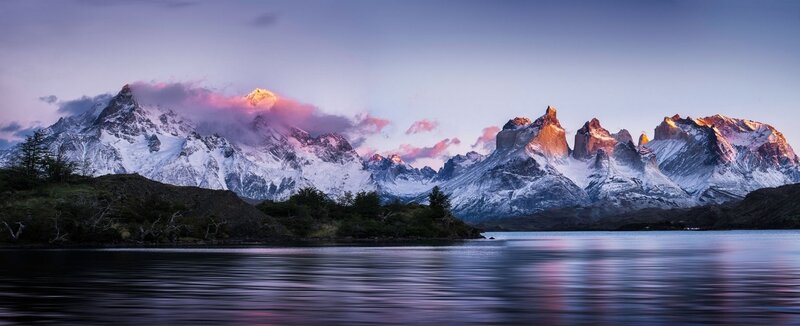 Snow-capped Mountains — Purple, Serene, Sunrise, Photograph, Lake, Clouds