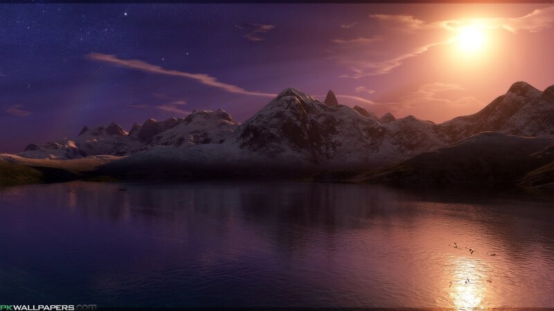 Snow-capped Mountains — Purple, Serene, Sunset, Digital Art