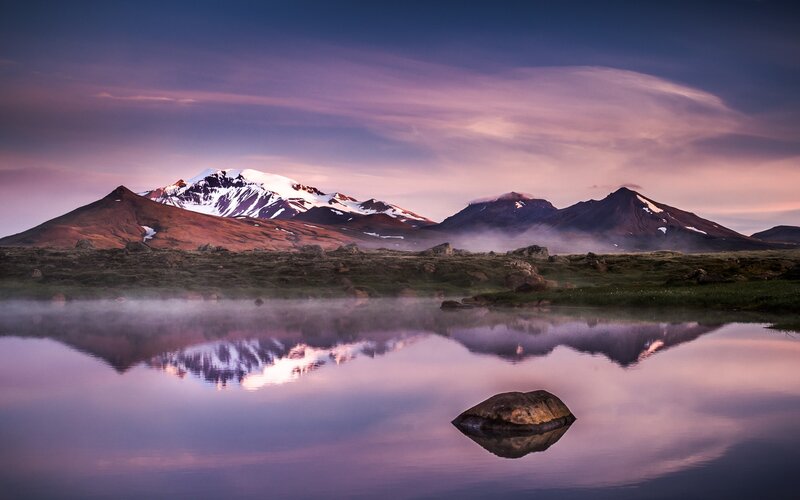 Snow-capped Mountains — Purple, Serene, Sunset, Photograph, Lake, Mist