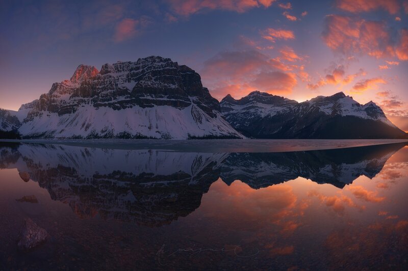 Snow-capped Mountains — Purple, Serene, Sunset, Photograph, Lake, Sky, Clouds