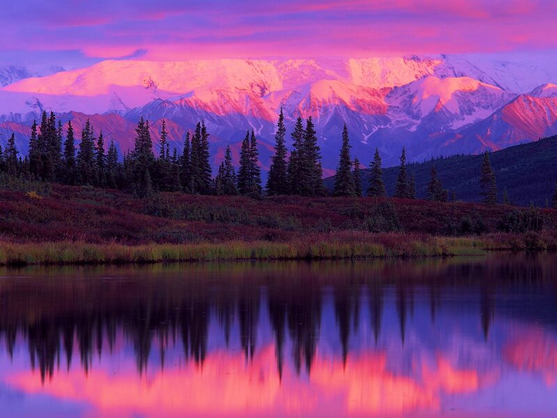 Snow-capped Mountains — Purple, Serene, Sunset, Photograph, Trees, Lake