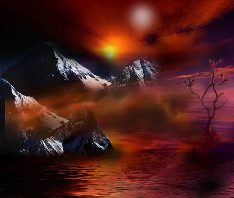 Snow-capped Mountains — Red, Dramatic, Sunset, Digital Art