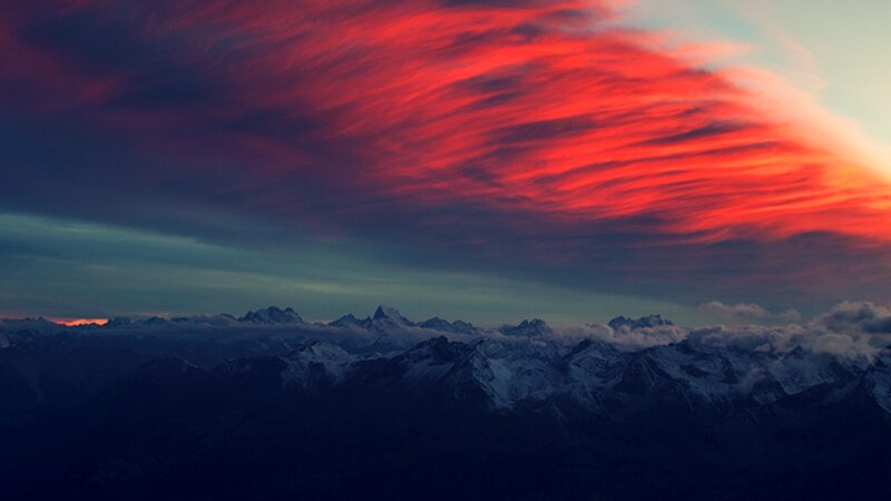 Snow-capped Mountains — Red, Dramatic, Sunset, Photograph, Clouds, Sky, Blue