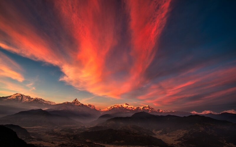 Snow-capped Mountains — Red, Dramatic, Sunset, Photograph, Clouds