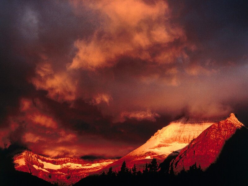 Snow-capped Mountains — Red, Dramatic, Sunset, Photograph, Clouds, Trees
