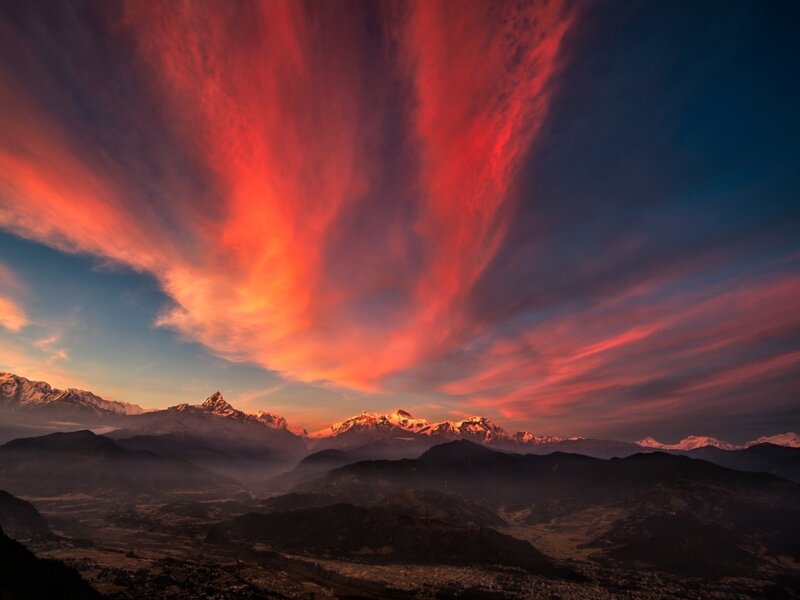 Snow-capped Mountains — Red, Dramatic, Sunset, Photograph, Clouds, Valley