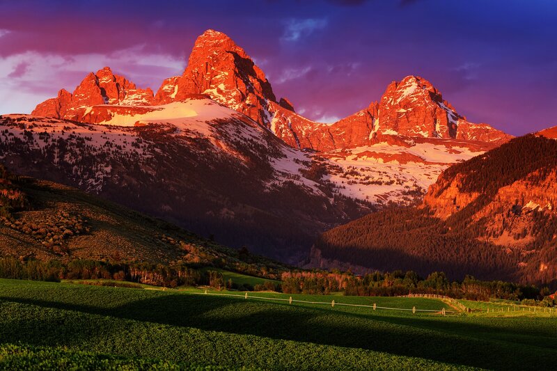 Snow-capped Mountains — Red, Dramatic, Sunset, Photograph, Fields, Forest