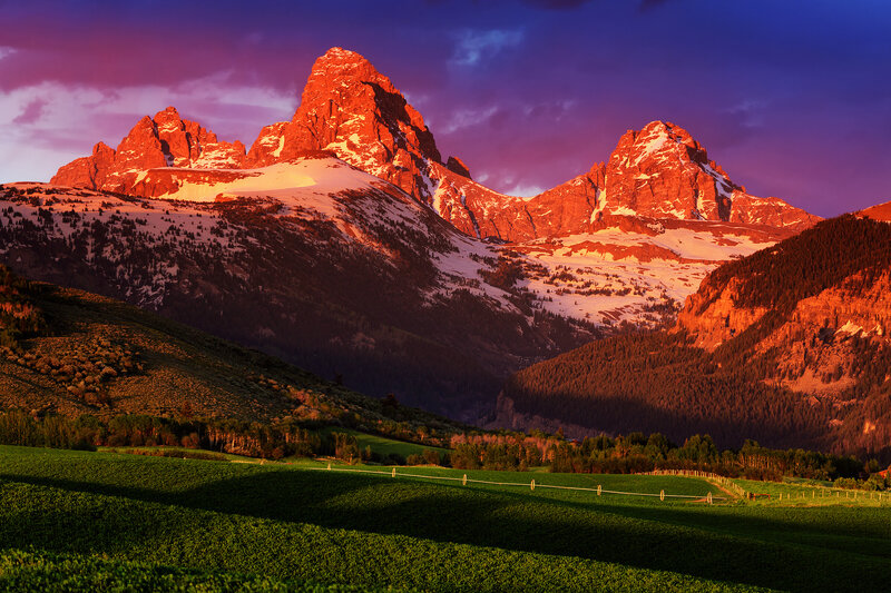 Snow-capped Mountains — Red, Dramatic, Sunset, Photograph, Fields