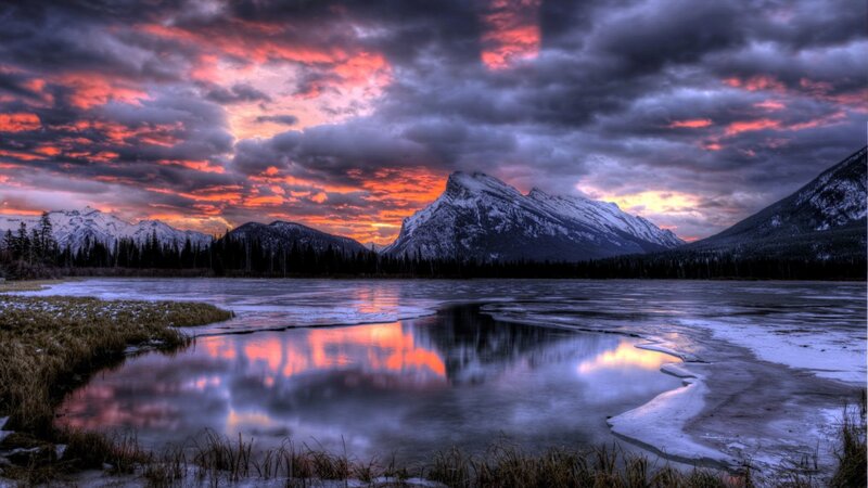Snow-capped Mountains — Red, Dramatic, Sunset, Photograph, Lake