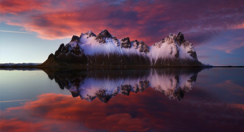 Snow-capped Mountains — Red, Dramatic, Sunset, Photograph, Reflection
