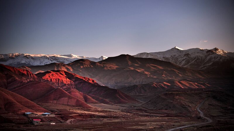 Snow-capped Mountains — Red, Dramatic, Sunset, Photograph, Road