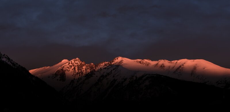 Snow-capped Mountains — Red, Dramatic, Sunset, Photograph, Sky, Trees