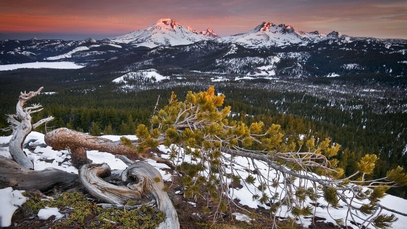 Snow-capped Mountains — Red, Dramatic, Sunset, Photograph, Trees