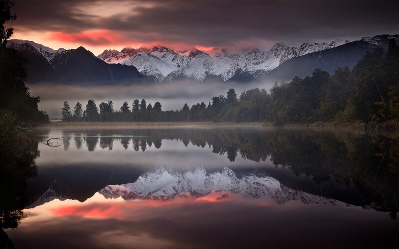 Snow-capped Mountains — Red, Serene, Sunrise, Photograph