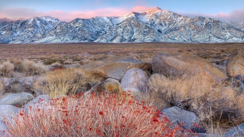 Snow-capped Mountains — Red, Serene, Sunset, Photograph, Rocks