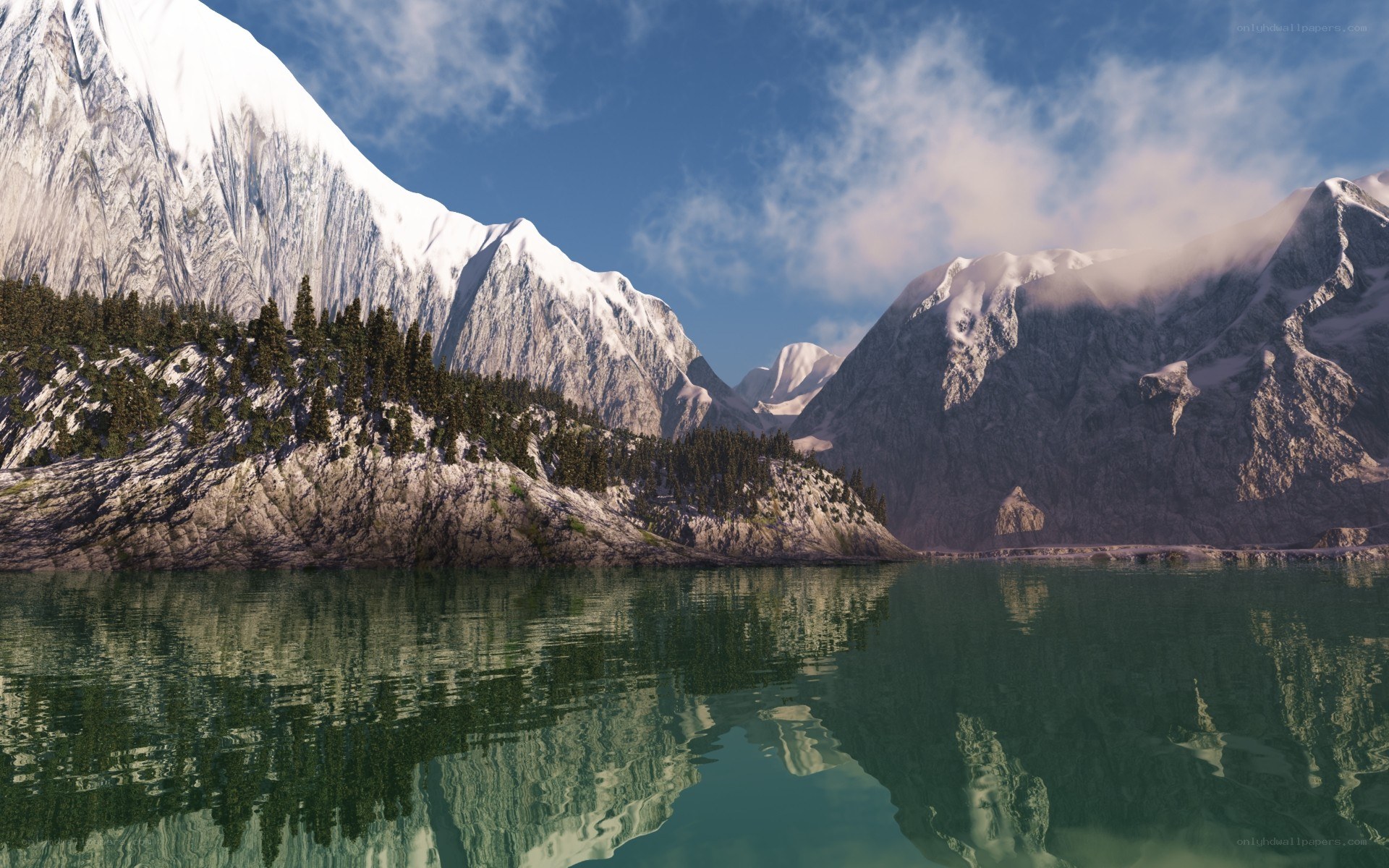 Snow-capped mountains reflect in lake