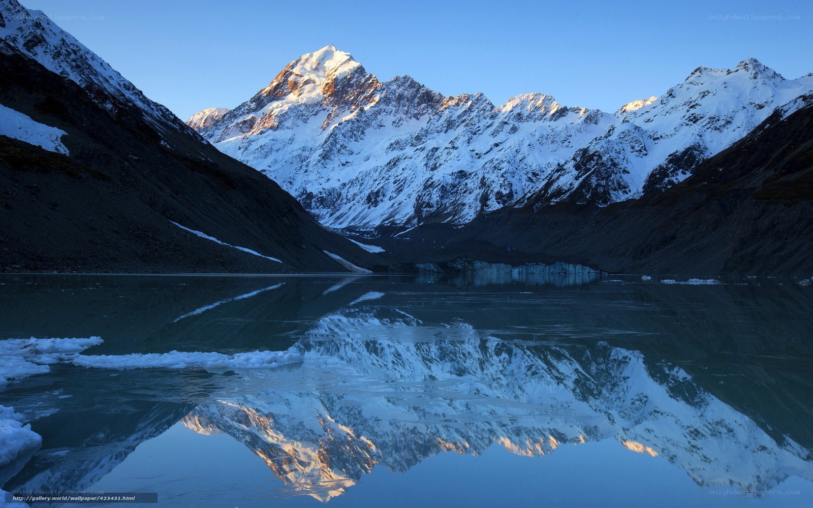 Snow-capped mountains reflected in a lake