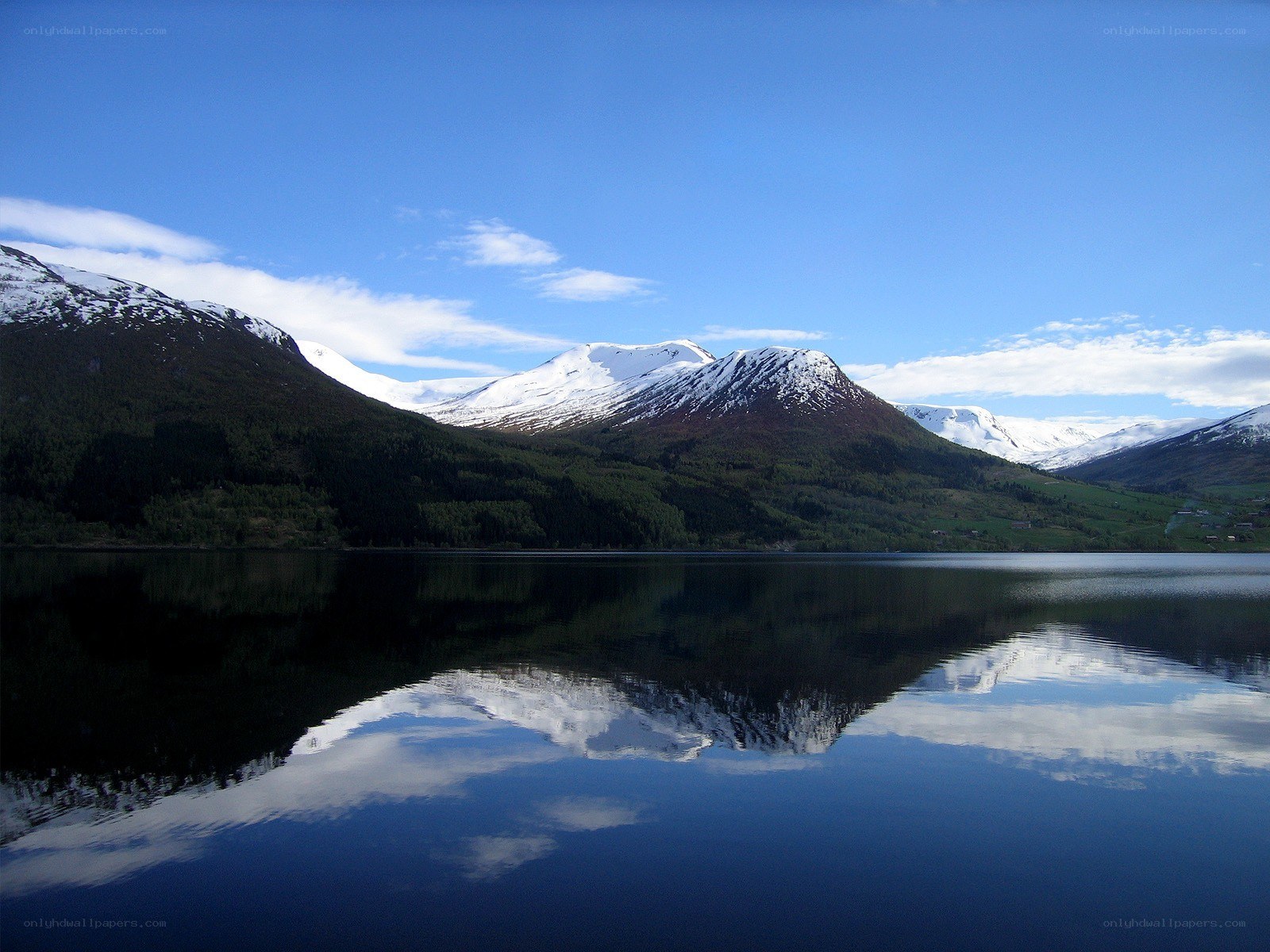Snow-capped mountains reflected in a lake