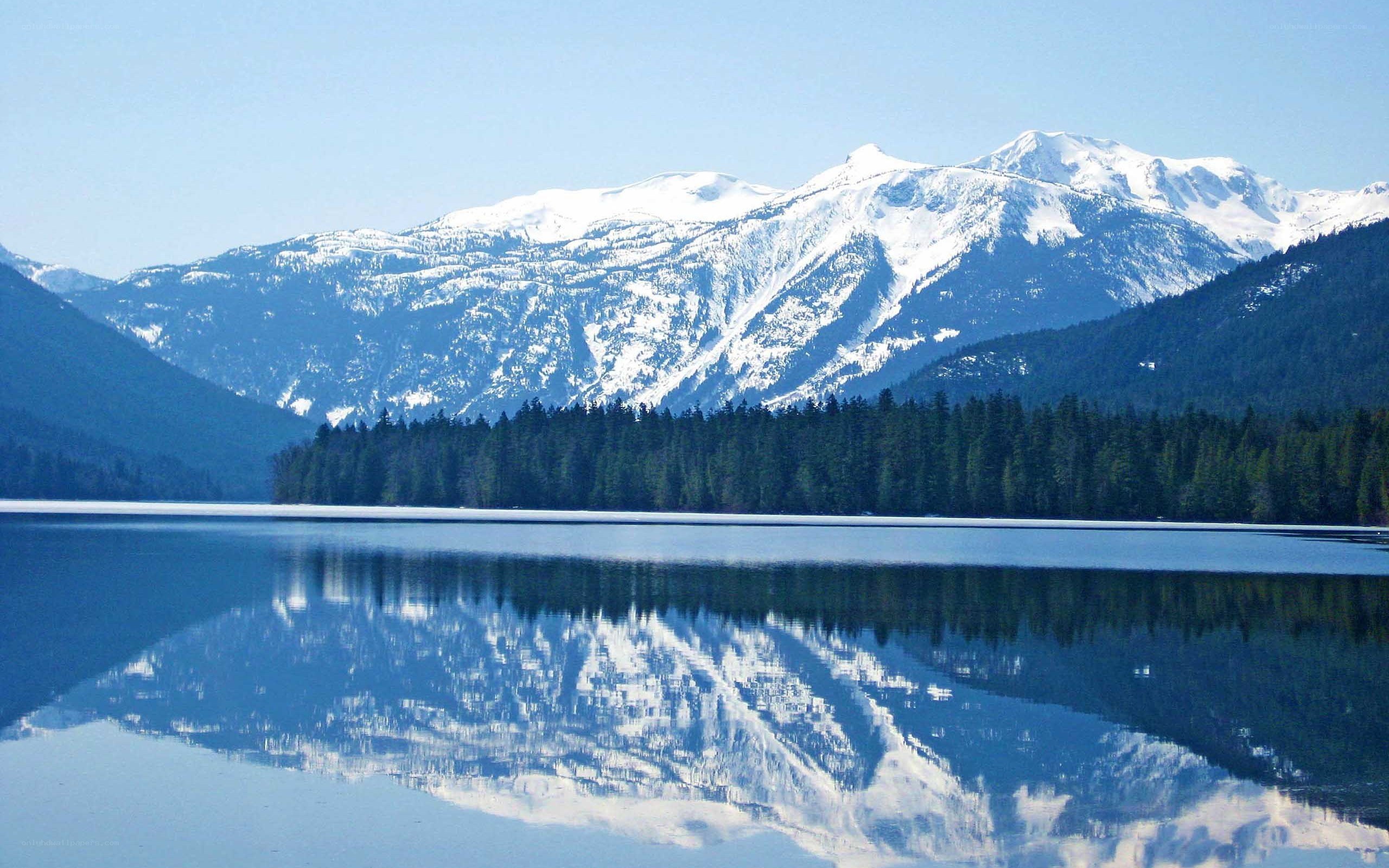 Snow-capped mountains reflected in a lake