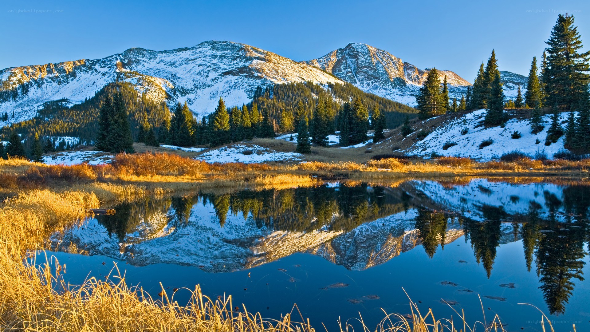 Snow-capped mountains reflected in a lake