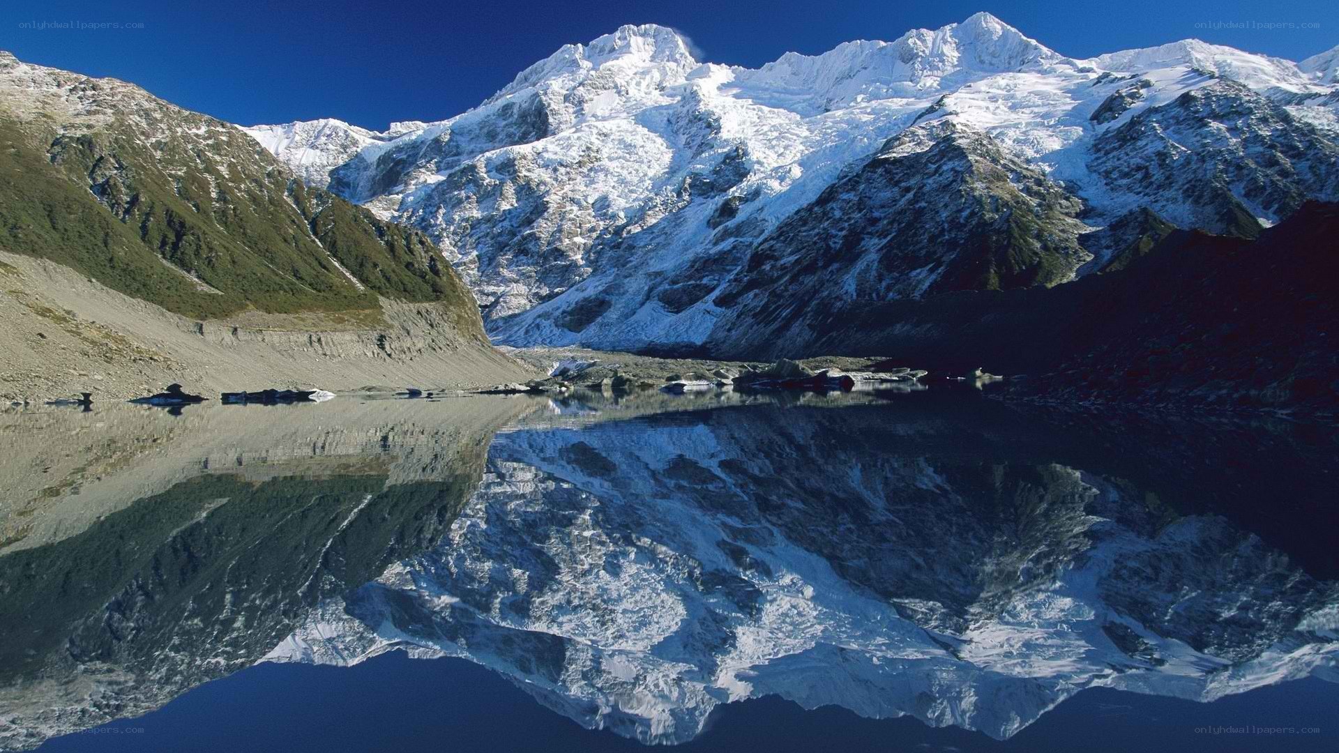 Snow-capped mountains reflected in a lake