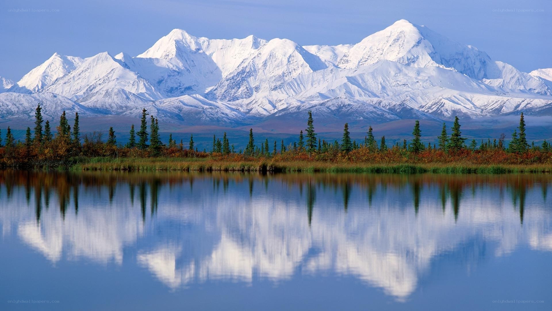 Snow-capped mountains reflected in a lake