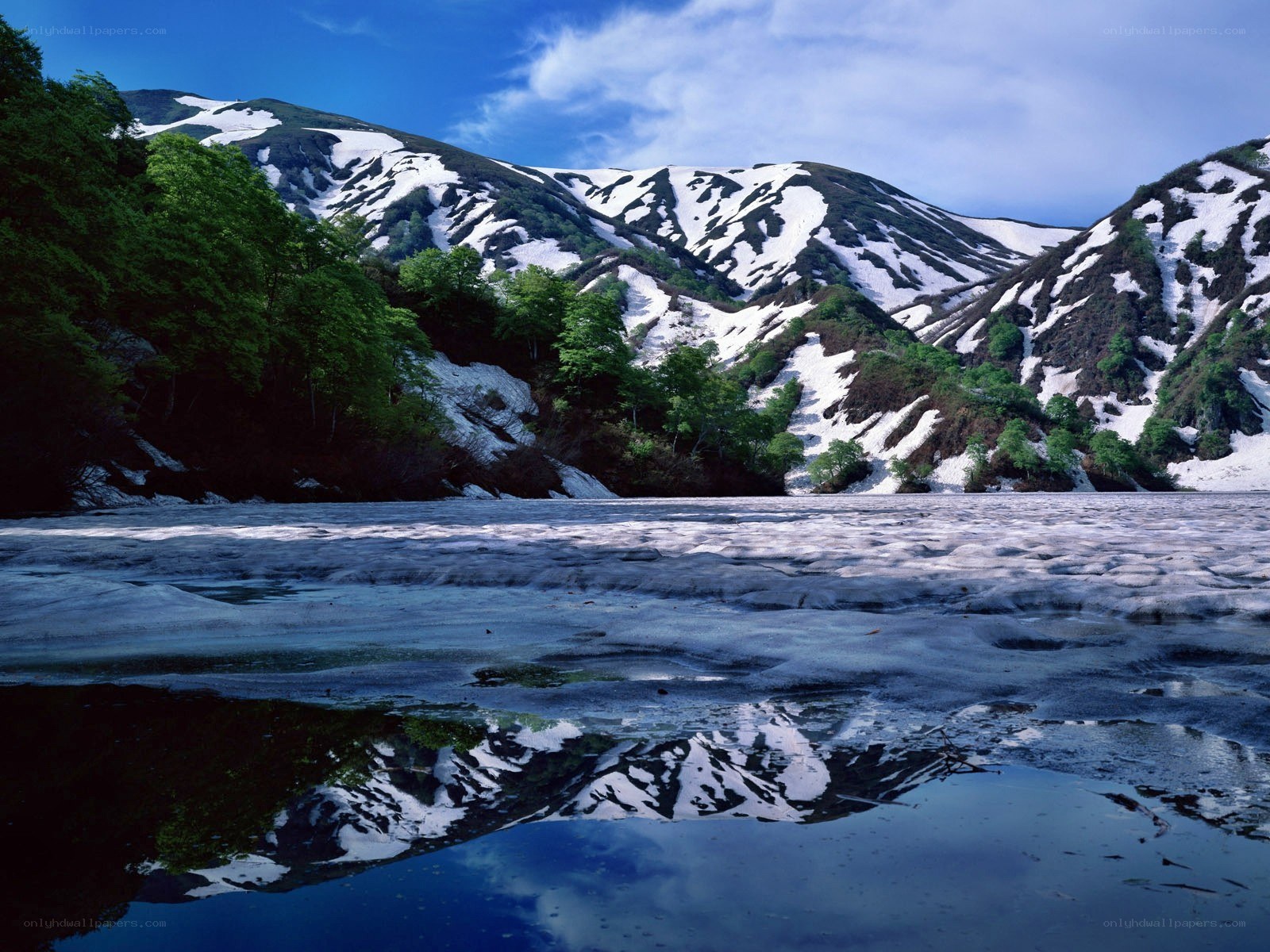 Snow-capped mountains reflected in a lake