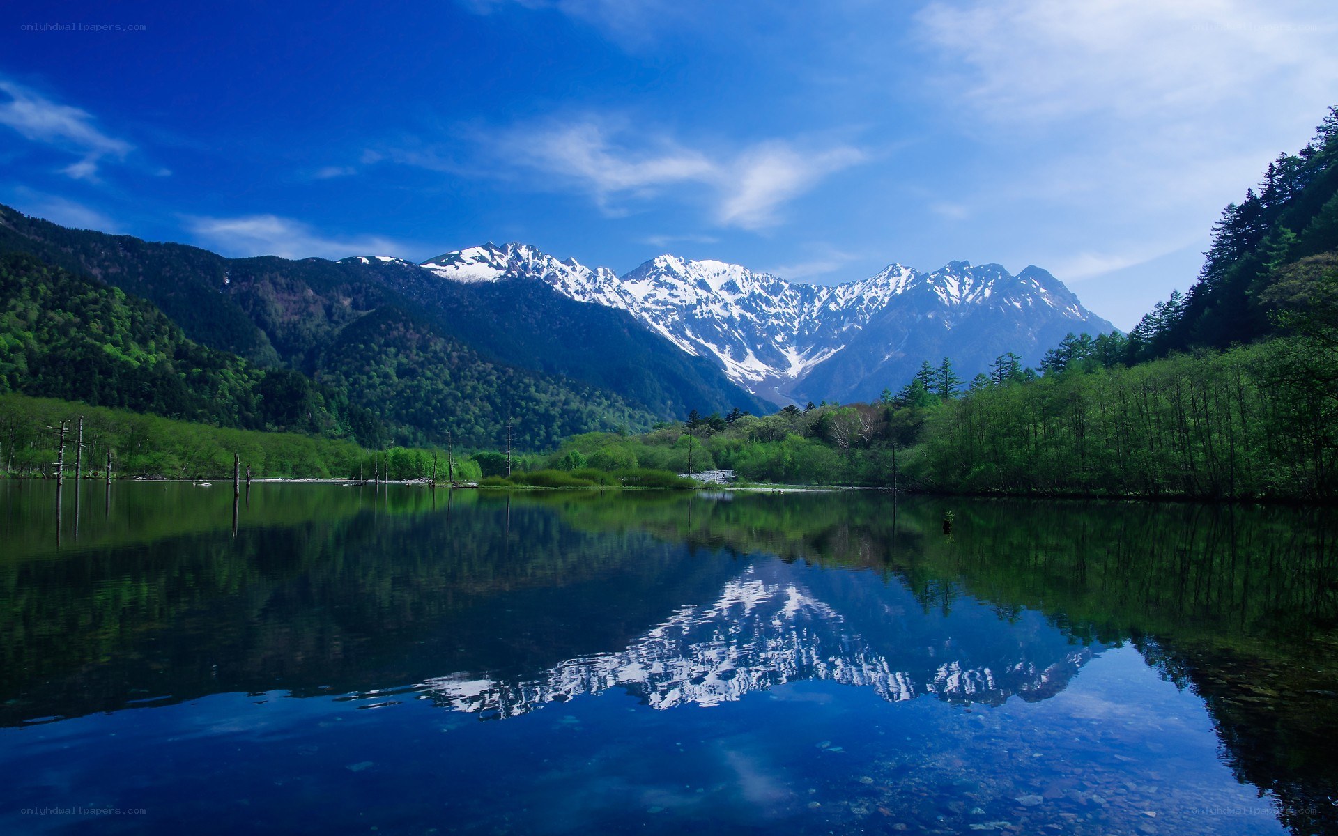 Snow-capped mountains reflected in a lake
