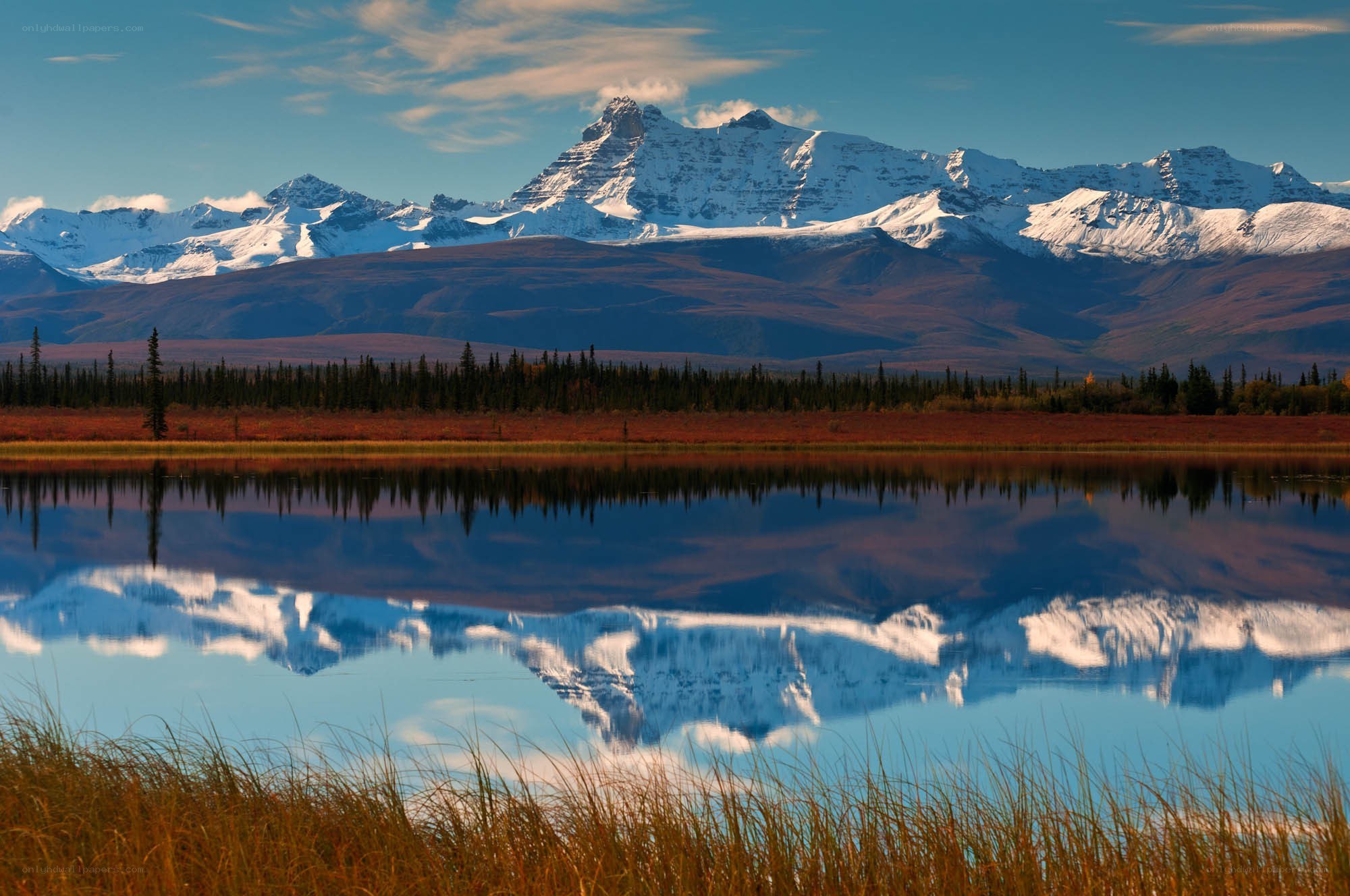 Snow-capped mountains reflected in a lake