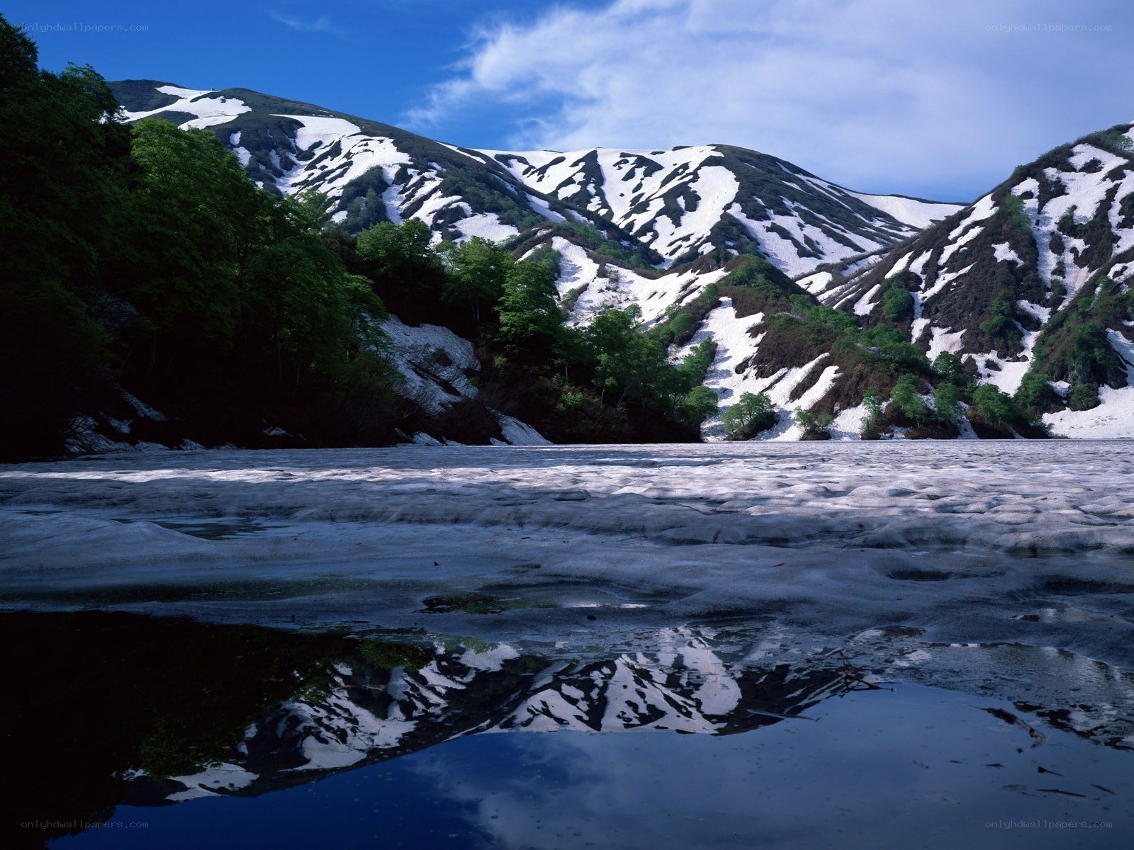 Snow-capped mountains reflected in a lake