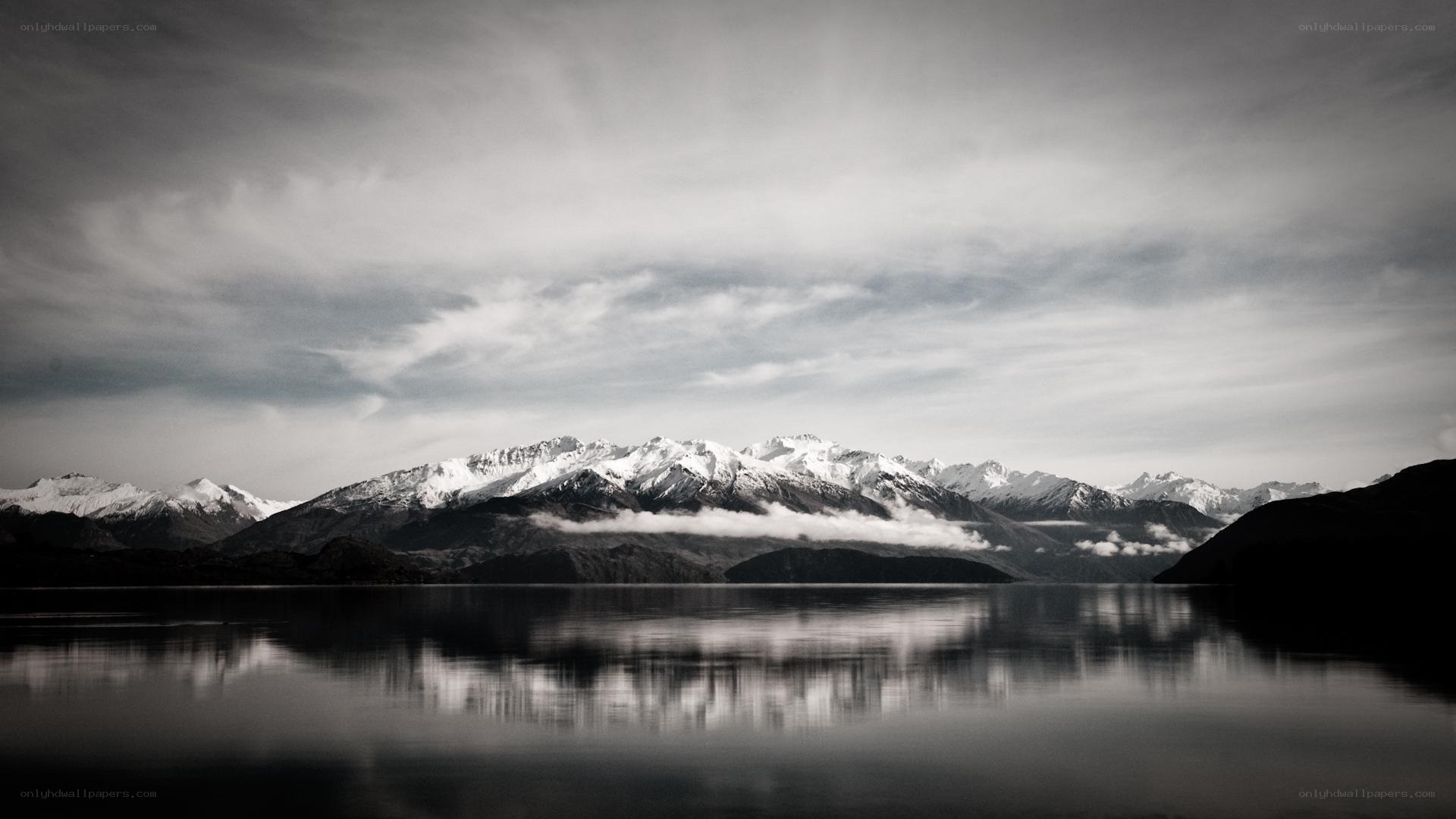 Snow-capped mountains reflected in lake