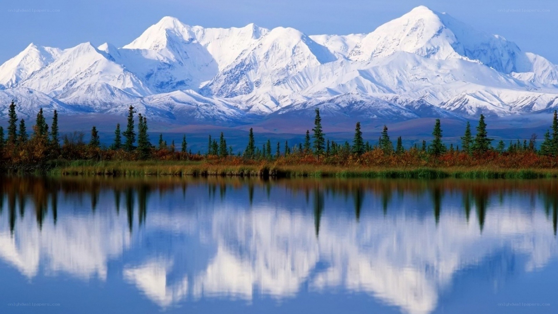 snow-capped mountains reflected in lake