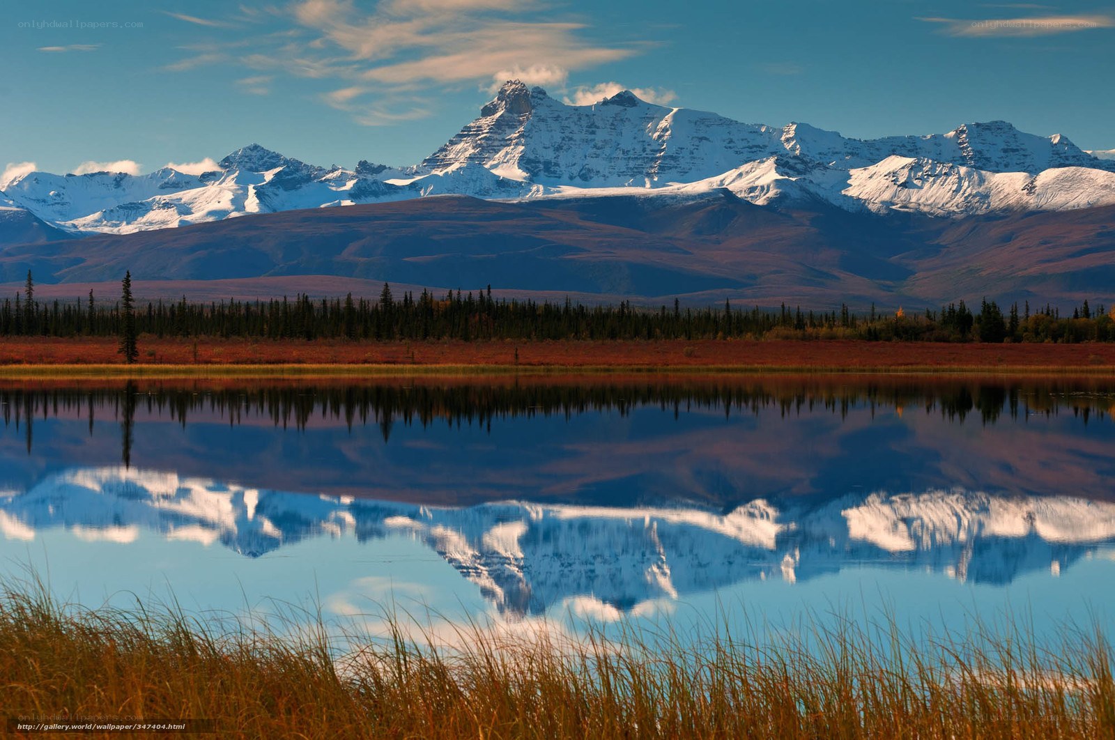 Snow-capped mountains reflected in lake