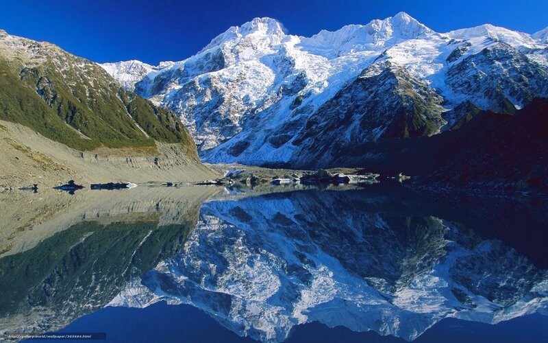 Snow-capped mountains reflected in lake