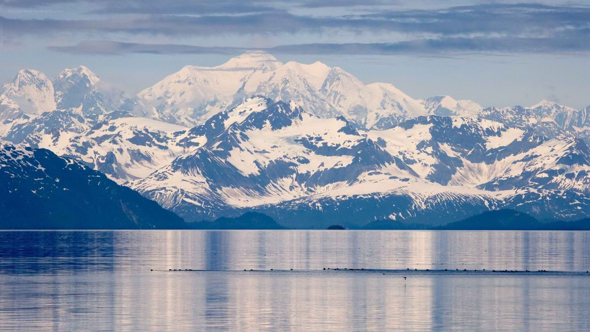 snow-capped mountains reflected in water