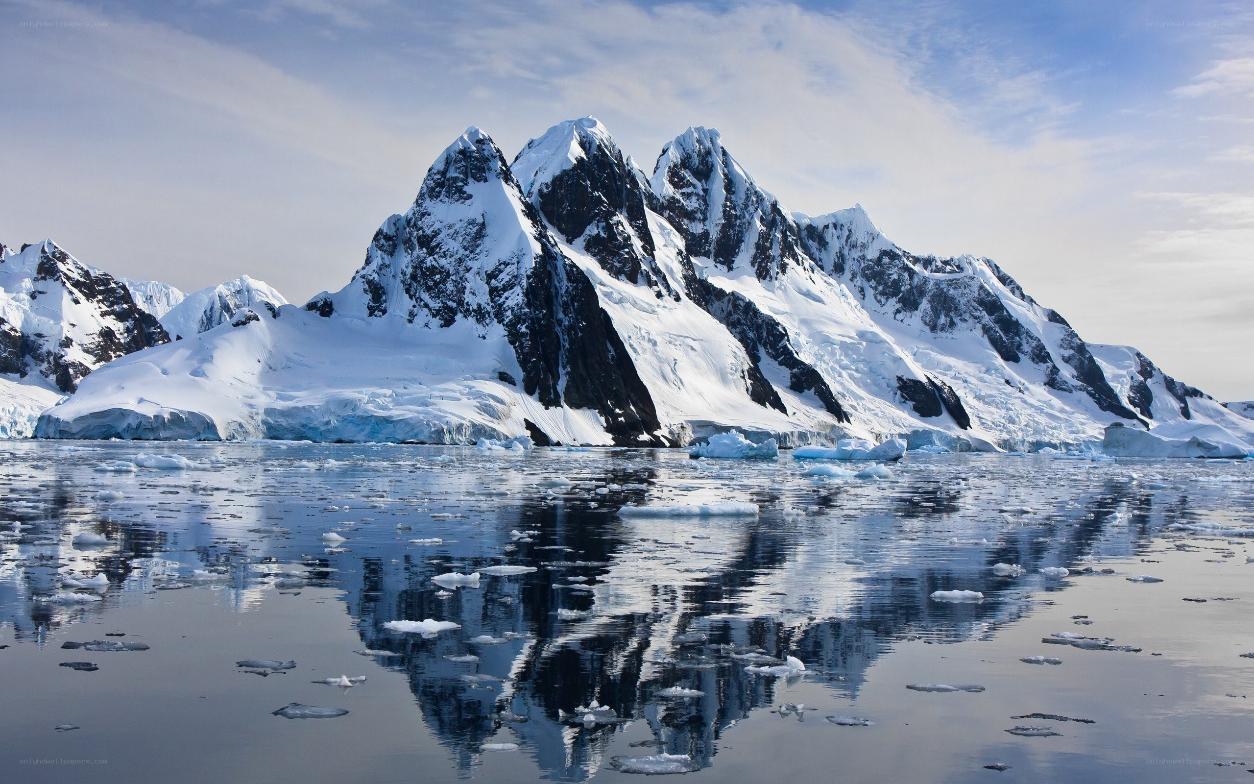 Snow-capped mountains reflected in water