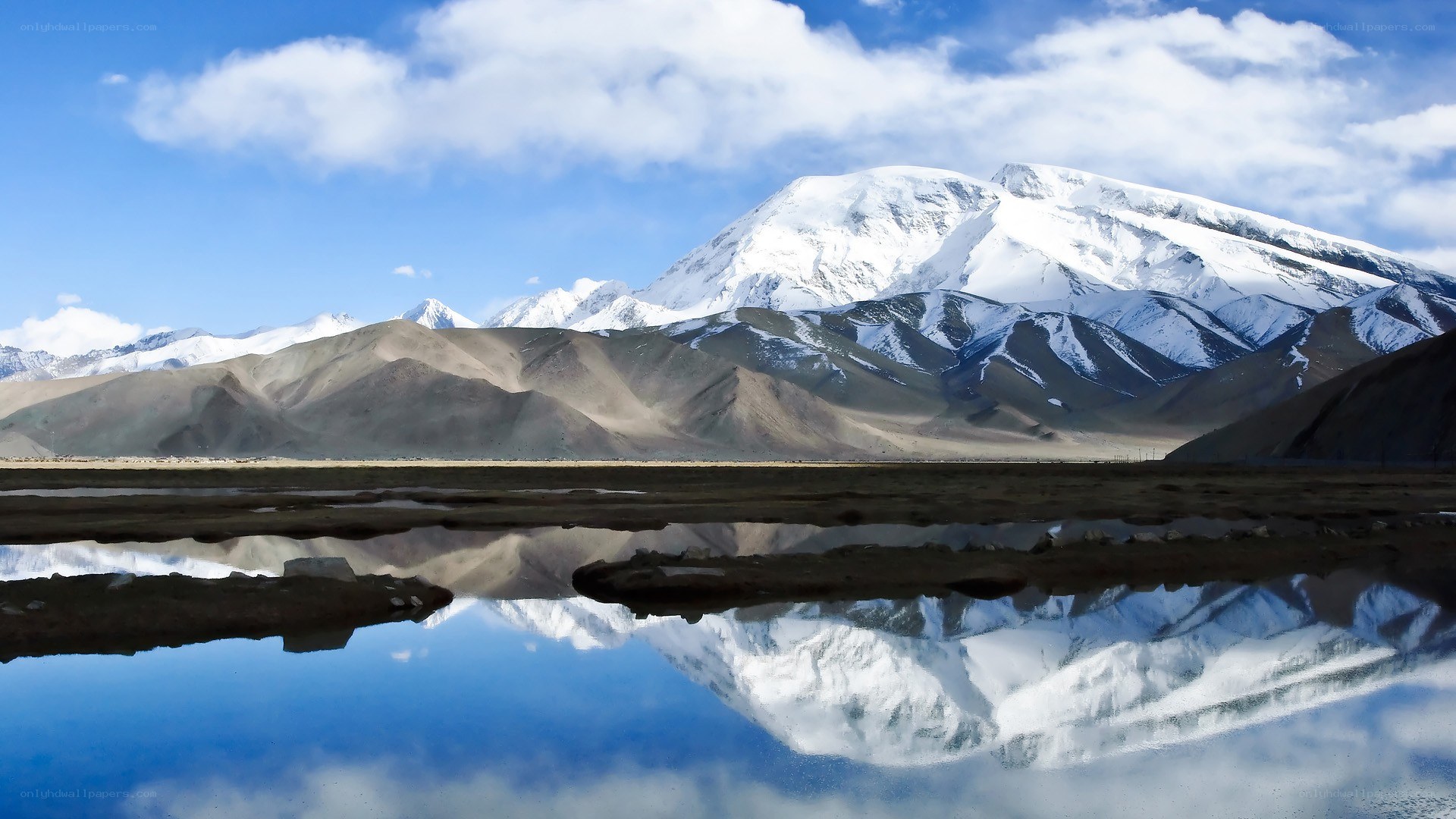 Snow-capped mountains reflected in water