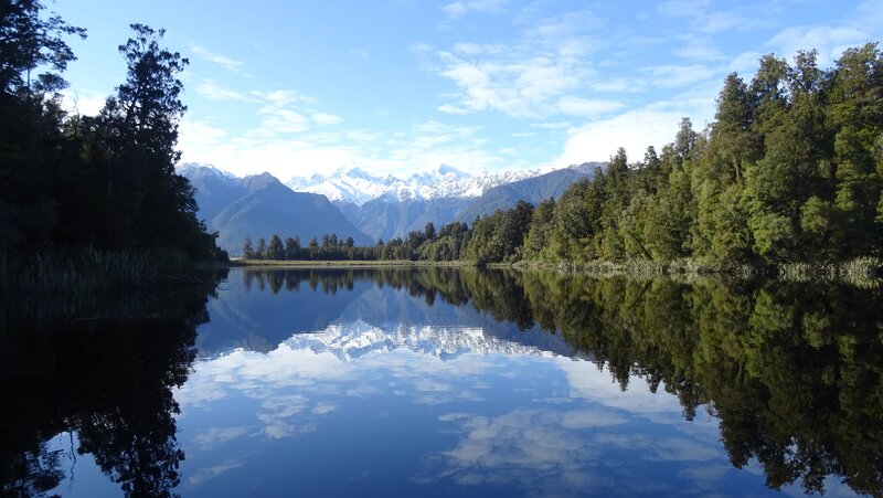 Snow-capped Mountains Reflection — Blue, Serene, Morning