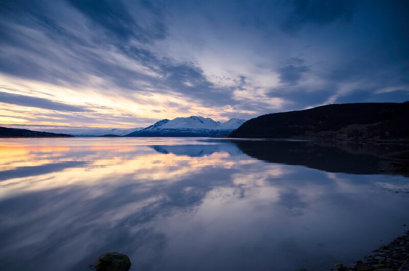 Snow-capped Mountains Reflection — Blue, Serene, Sunset, Photograph, Lake
