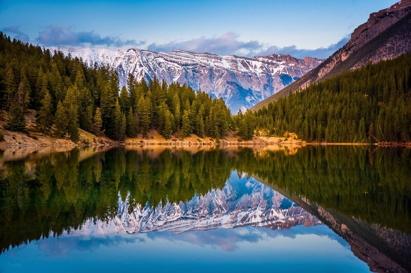 Snow-capped Mountains Reflection — Blue, Serene, Sunset, Photograph
