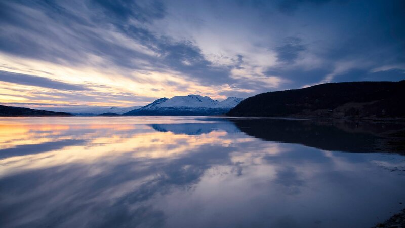 Snow-capped Mountains Reflection — Blue, Serene, Sunset