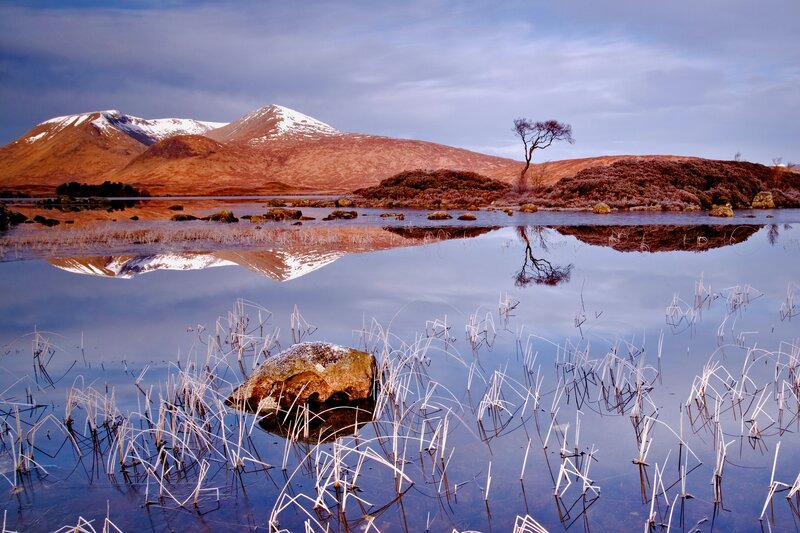 Snow-capped Mountains Reflection — Blue, Serene, Winter