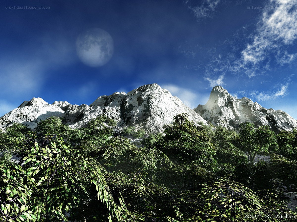 Snow-capped mountains under moonlight
